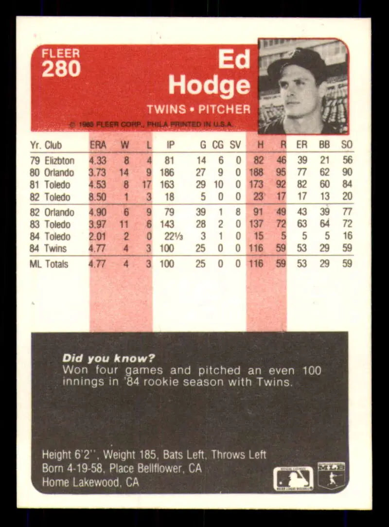 1985 Fleer #280 Ed Hodge EX Excellent RC Rookie Minnesota Twins Baseball Card - Baseball Card Single