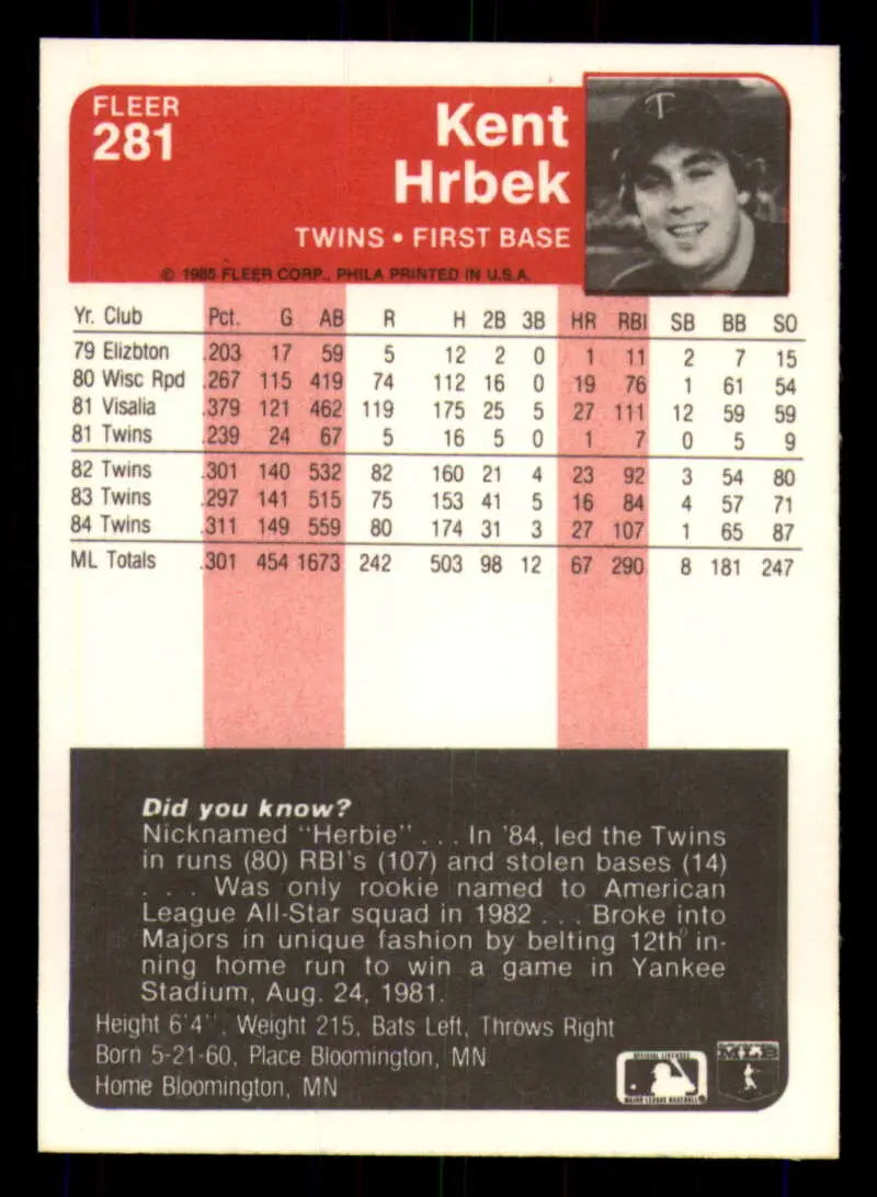 1985 Fleer #281 Kent Hrbek EX Excellent Minnesota Twins Baseball Card - Baseball Card Single