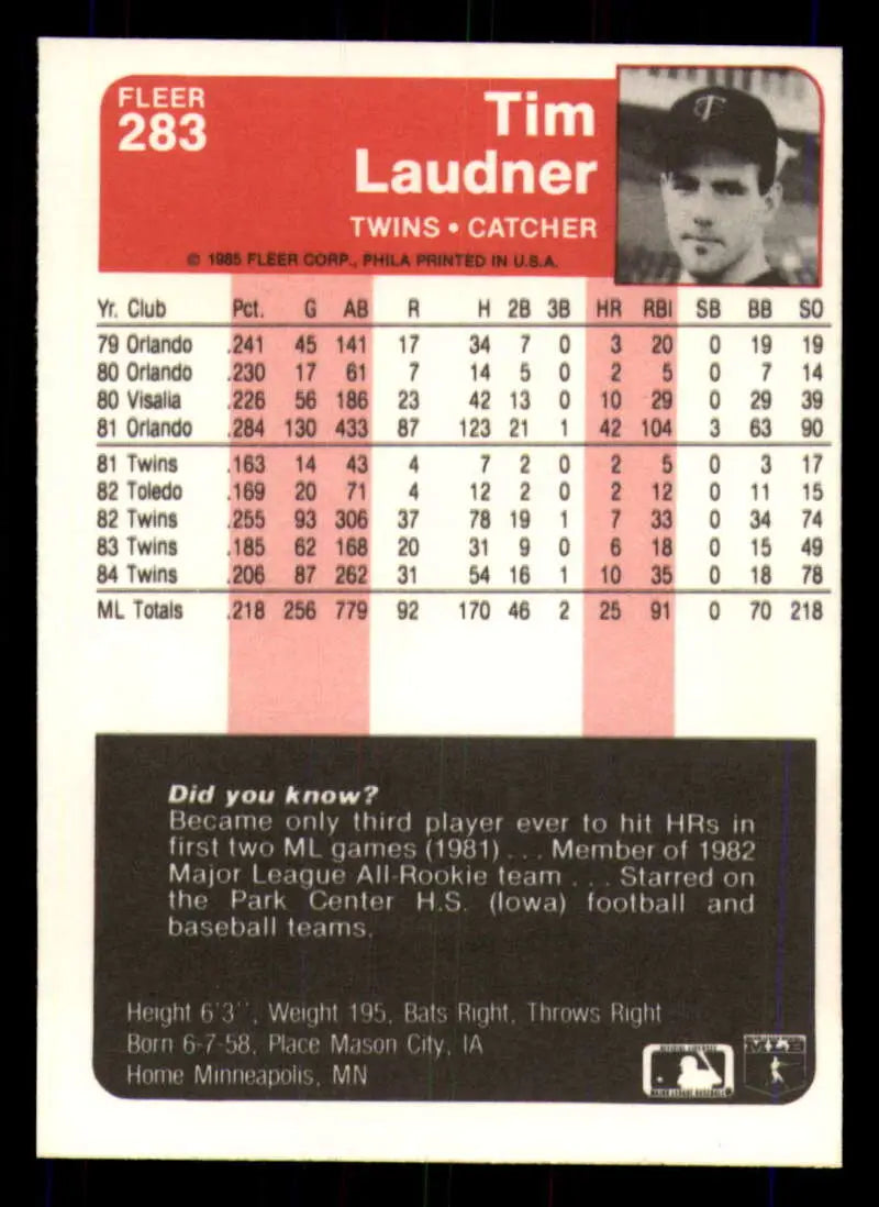 1985 Fleer #283 Tim Laudner EX Excellent Minnesota Twins Baseball Card - Baseball Card Single
