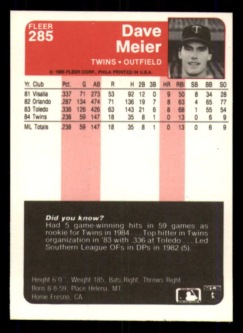1985 Fleer #285 Dave Meier EX Excellent RC Rookie Minnesota Twins Baseball Card - Baseball Card Single