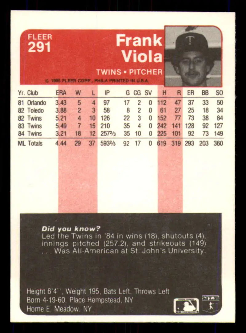 1985 Fleer #291 Frank Viola EX Excellent Minnesota Twins Baseball Card - Baseball Card Single