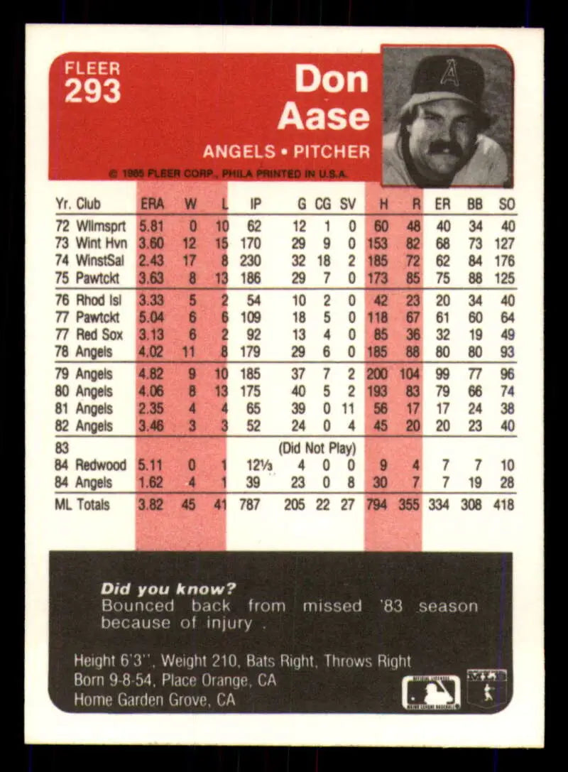 1985 Fleer #293 Don Aase EX Excellent California Angels Baseball Card - Baseball Card Single