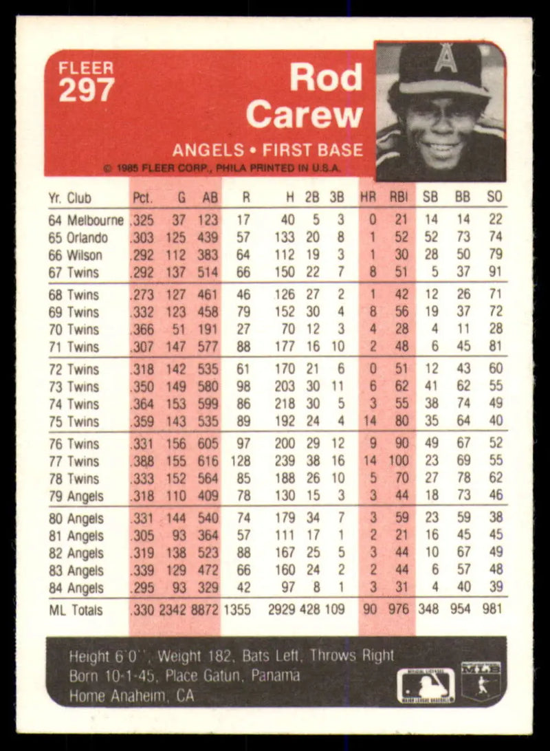 1985 Fleer #297 Rod Carew EX Excellent California Angels Baseball Card - Baseball Card Single