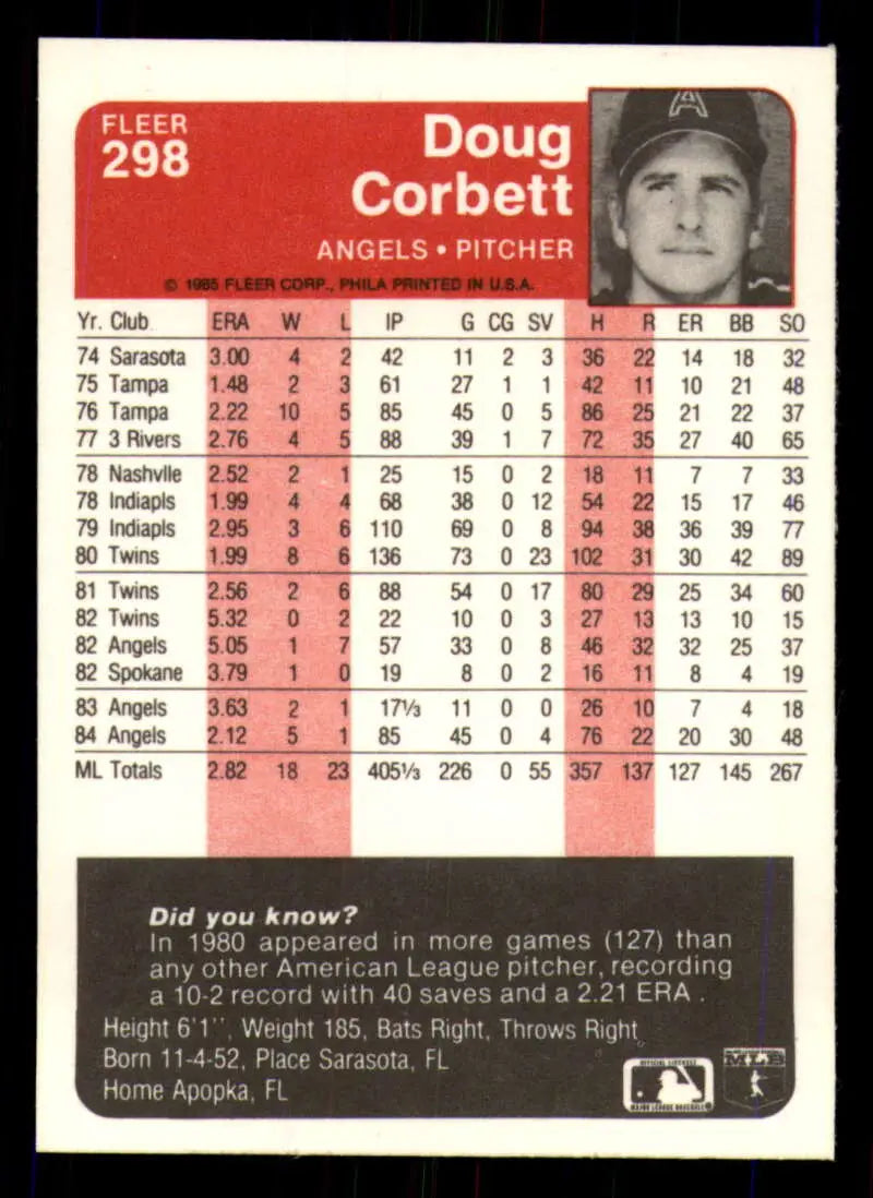 1985 Fleer #298 Doug Corbett EX Excellent California Angels Baseball Card - Baseball Card Single