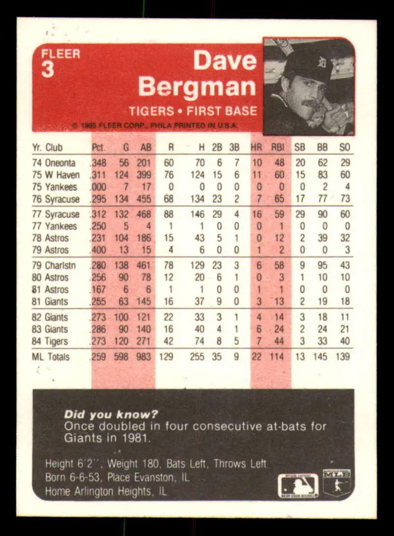 1985 Fleer #3 Dave Bergman EX Excellent Detroit Tigers Baseball Card - Baseball Card Single