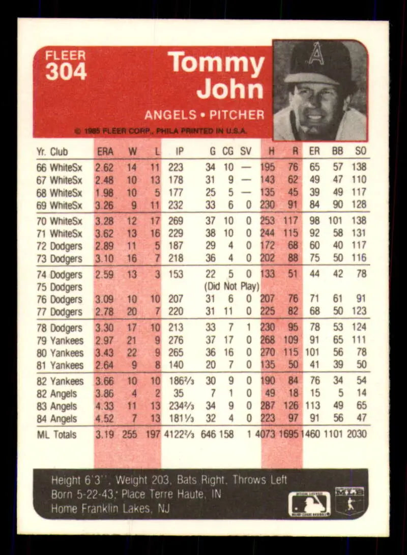 1985 Fleer #304 Tommy John EX Excellent California Angels Baseball Card - Baseball Card Single