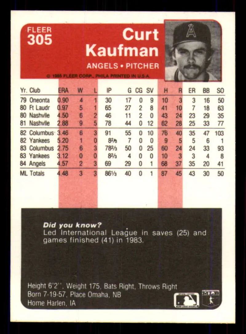 1985 Fleer #305 Curt Kaufman EX Excellent RC Rookie California Angels Baseball Card - Baseball Card Single