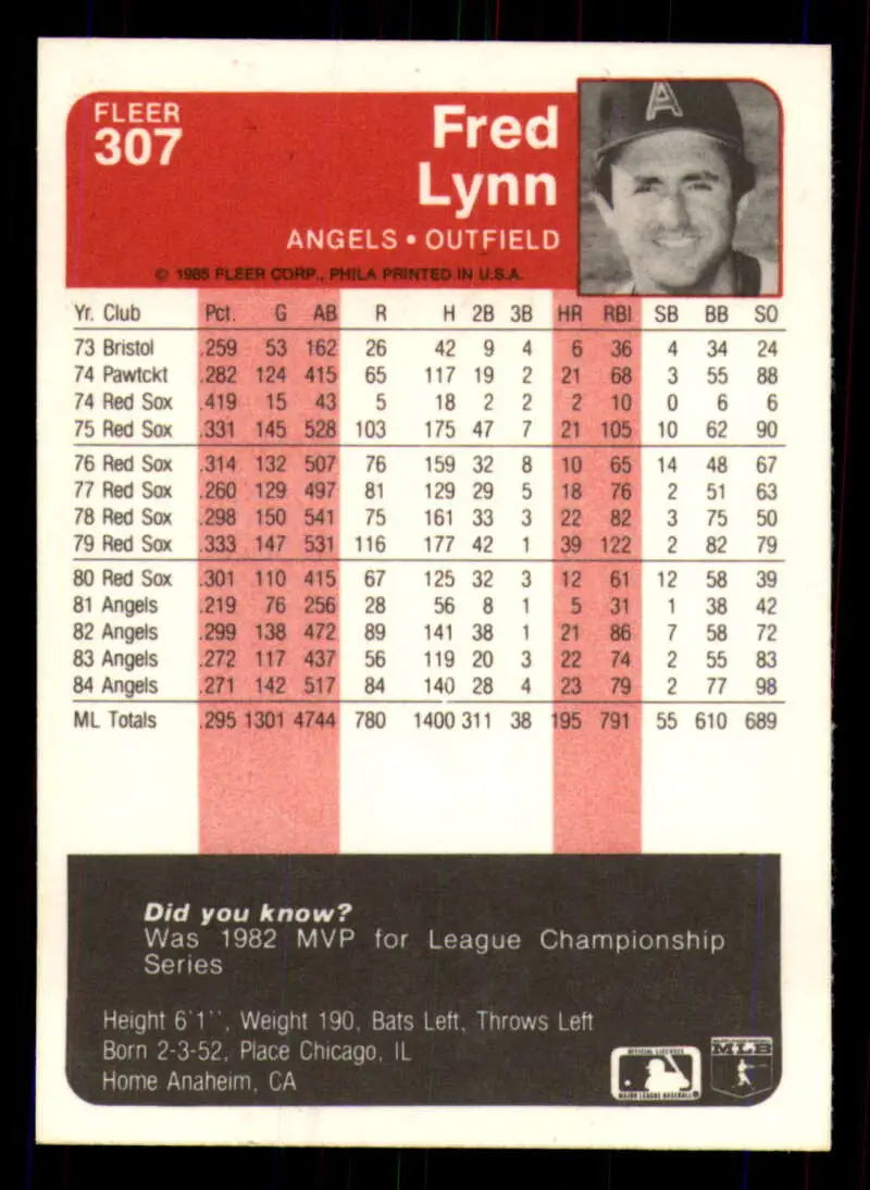 1985 Fleer #307 Fred Lynn EX Excellent California Angels Baseball Card - Baseball Card Single