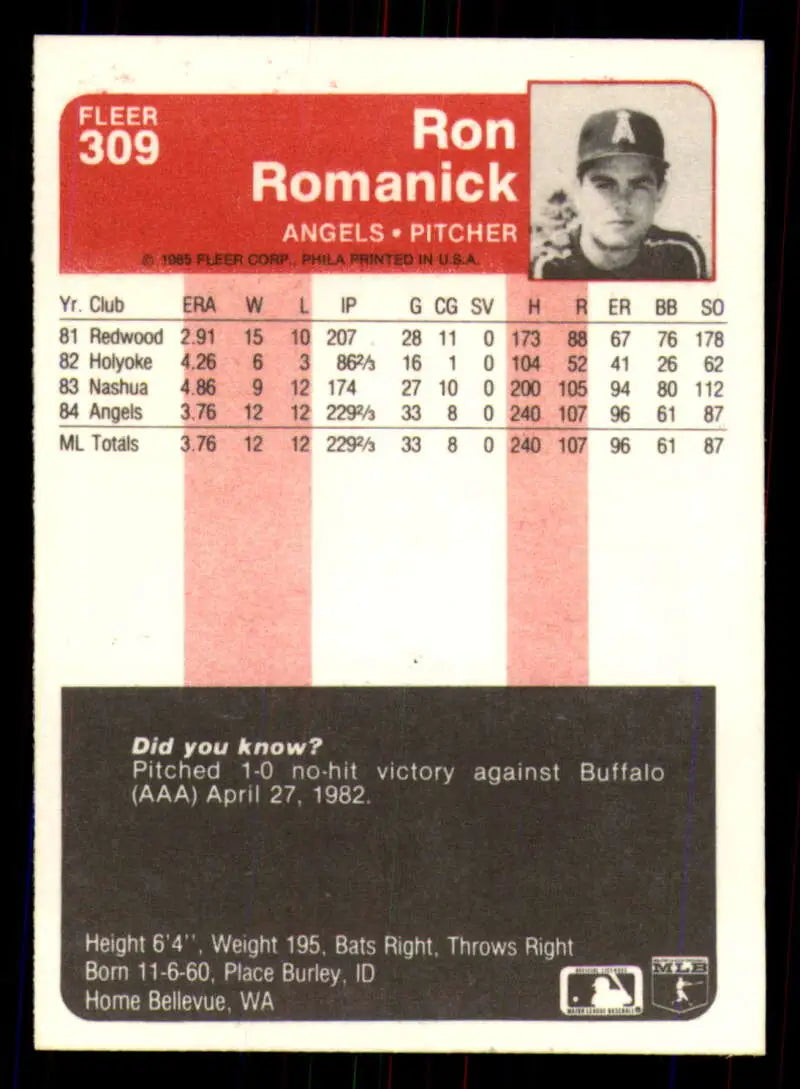 1985 Fleer #309 Ron Romanick EX Excellent California Angels Baseball Card - Baseball Card Single