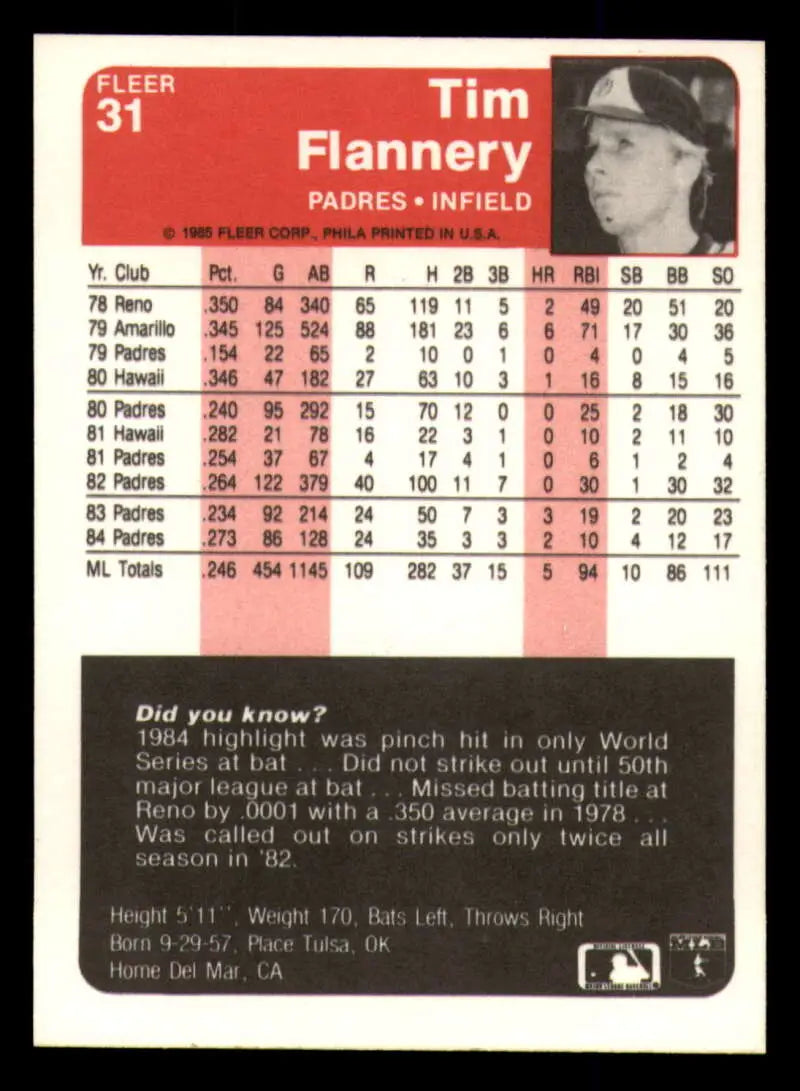 1985 Fleer #31 Tim Flannery EX Excellent San Diego Padres Baseball Card - Baseball Card Single