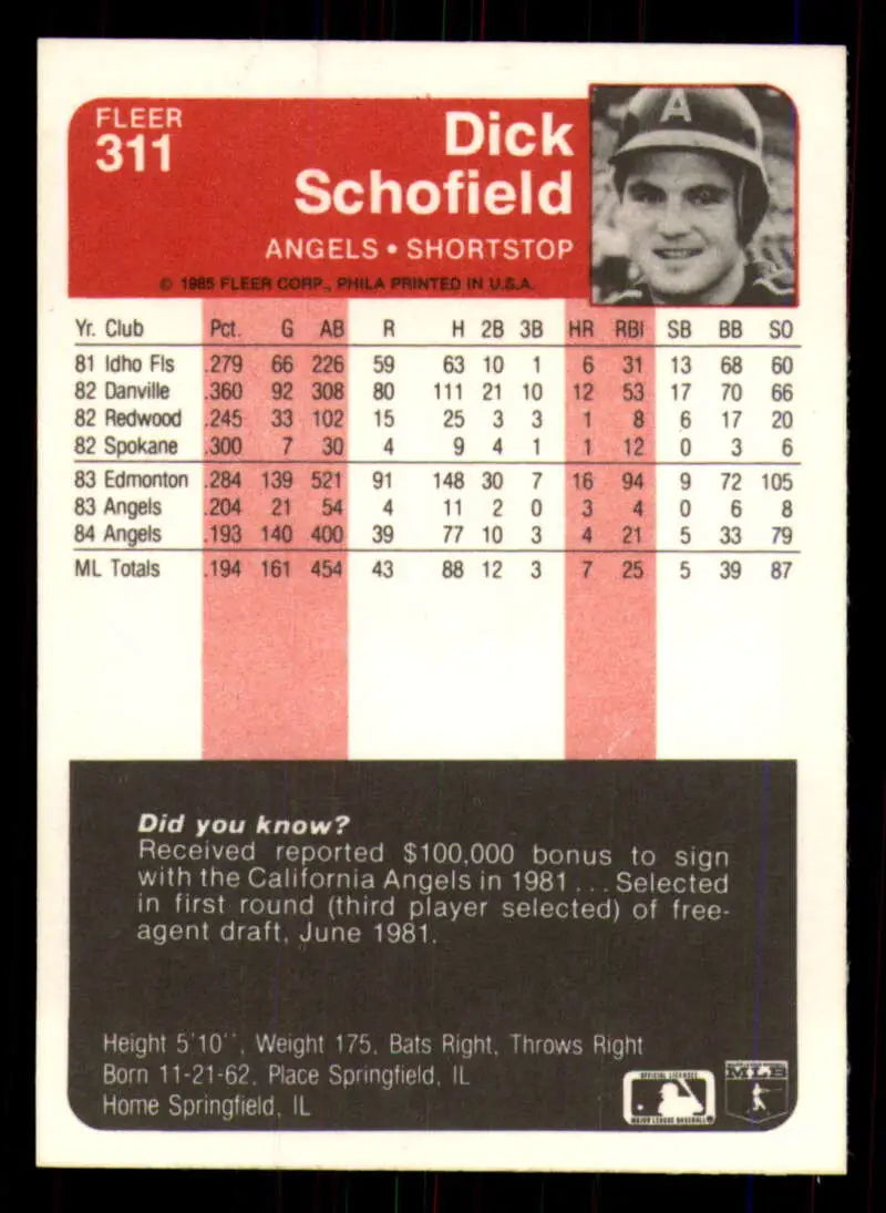 1985 Fleer #311 Dick Schofield EX Excellent California Angels Baseball Card - Baseball Card Single