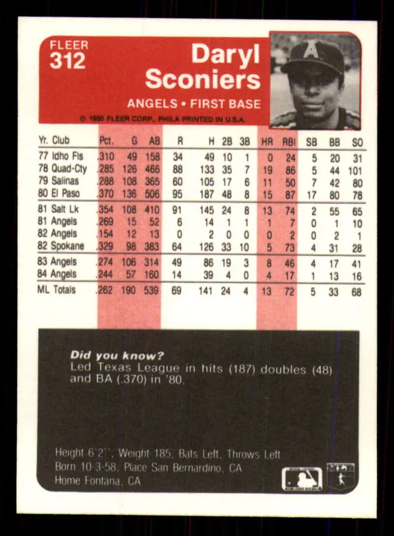 1985 Fleer #312 Daryl Sconiers EX Excellent California Angels Baseball Card - Baseball Card Single