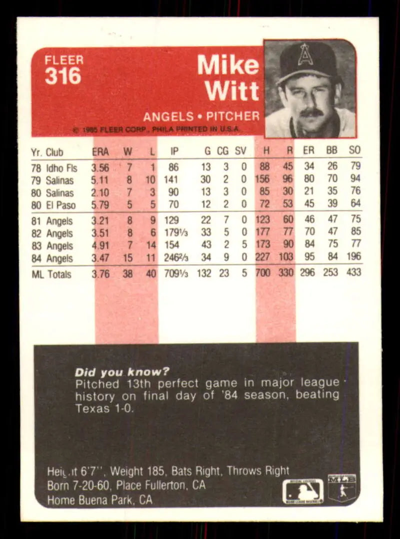 1985 Fleer #316 Mike Witt EX Excellent California Angels Baseball Card - Baseball Card Single
