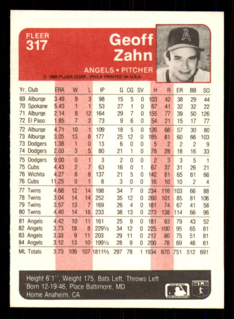1985 Fleer #317 Geoff Zahn EX Excellent California Angels Baseball Card - Baseball Card Single