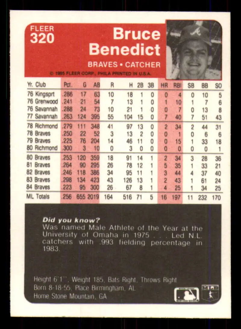 1985 Fleer #320 Bruce Benedict EX Excellent Atlanta Braves Baseball Card - Baseball Card Single