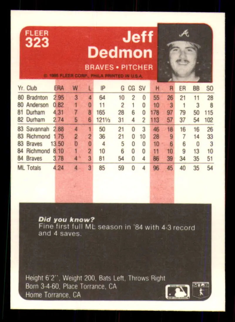 1985 Fleer #323 Jeff Dedmon EX Excellent RC Rookie Atlanta Braves Baseball Card - Baseball Card Single