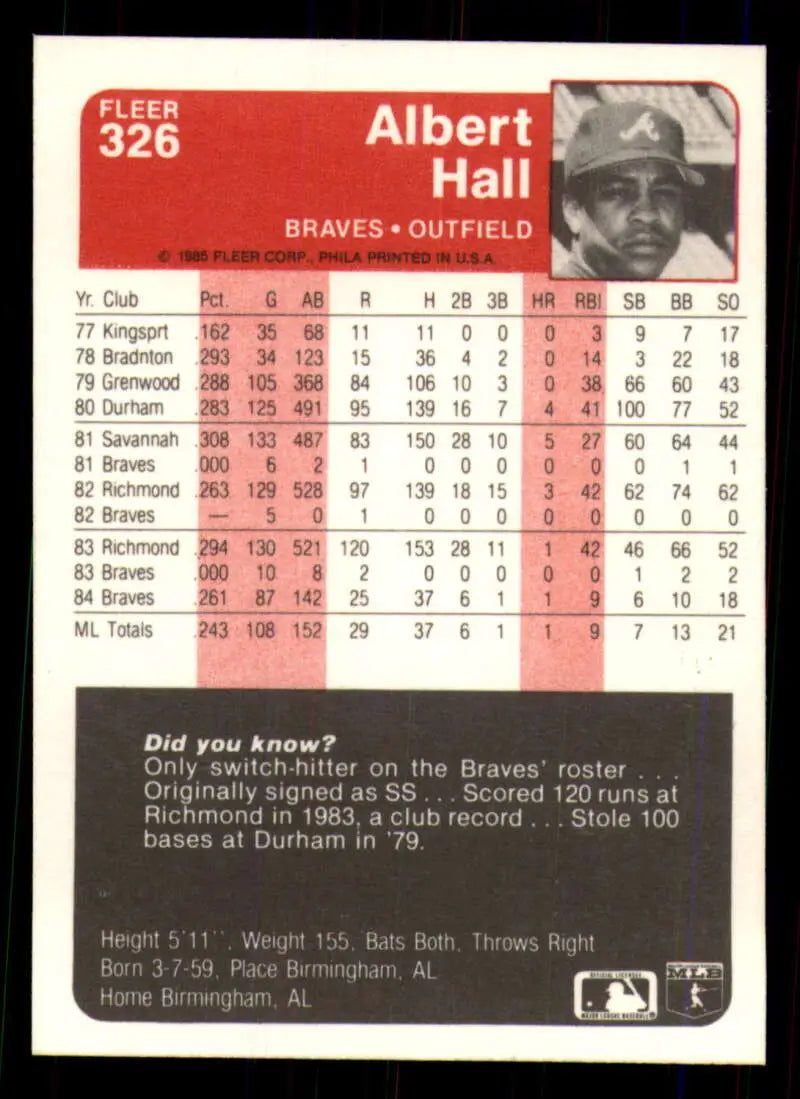 1985 Fleer #326 Albert Hall EX Excellent RC Rookie Atlanta Braves Baseball Card - Baseball Card Single