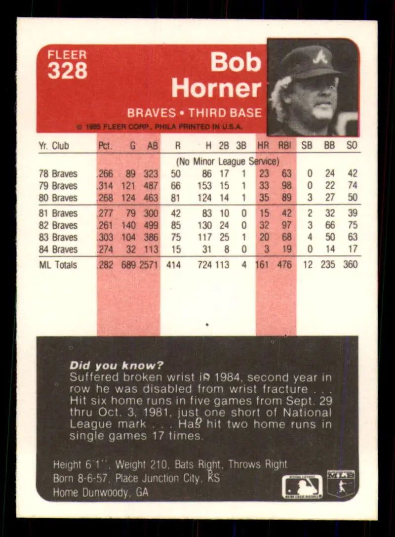 1985 Fleer #328 Bob Horner EX Excellent Atlanta Braves Baseball Card - Baseball Card Single