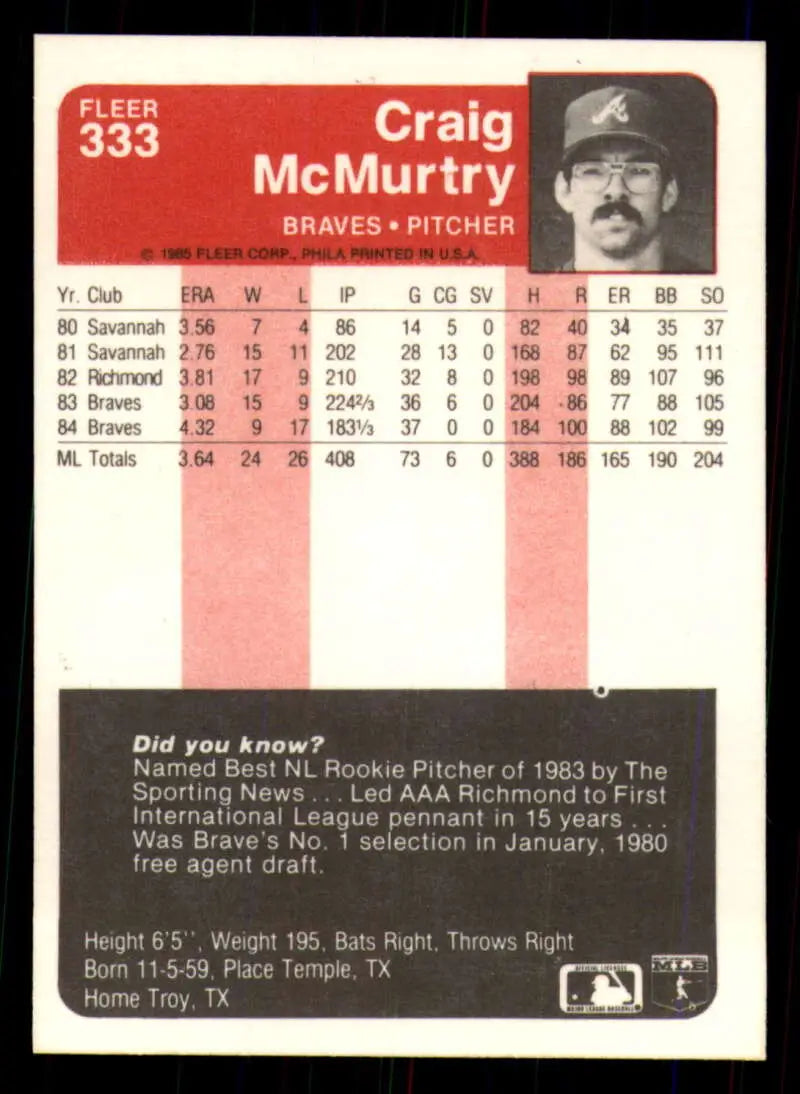 1985 Fleer #333 Craig Mcmurtry EX Excellent Atlanta Braves Baseball Card - Baseball Card Single