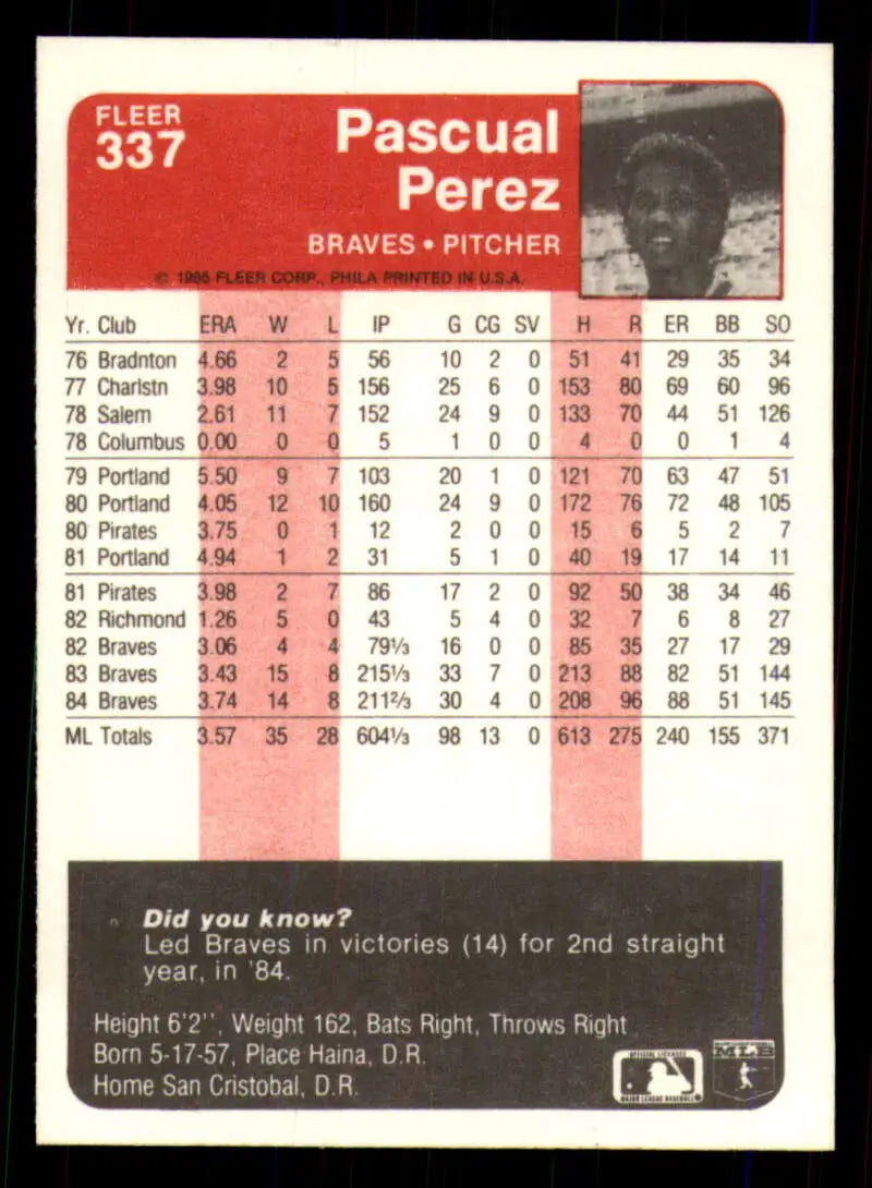 1985 Fleer #337 Pascual Perez EX Excellent Atlanta Braves Baseball Card - Baseball Card Single