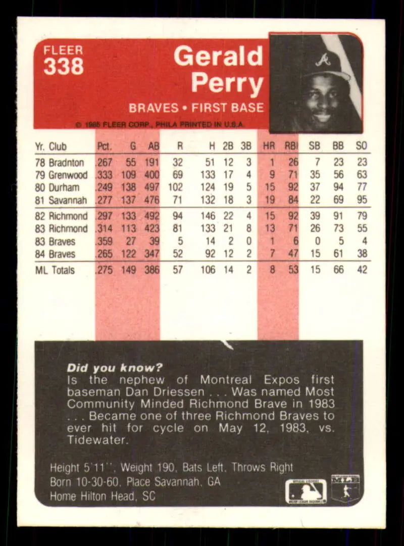 1985 Fleer #338 Gerald Perry EX Excellent Atlanta Braves Baseball Card - Baseball Card Single