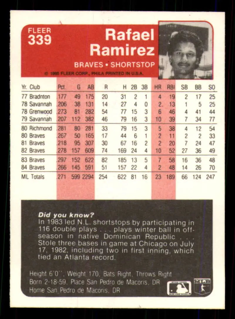 1985 Fleer #339 Rafael Ramirez EX Excellent Atlanta Braves Baseball Card - Baseball Card Single