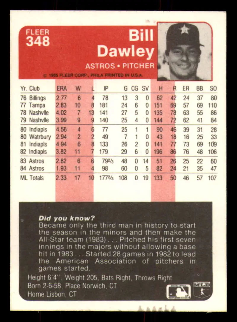 1985 Fleer #348 Bill Dawley EX Excellent Houston Astros Baseball Card - Baseball Card Single