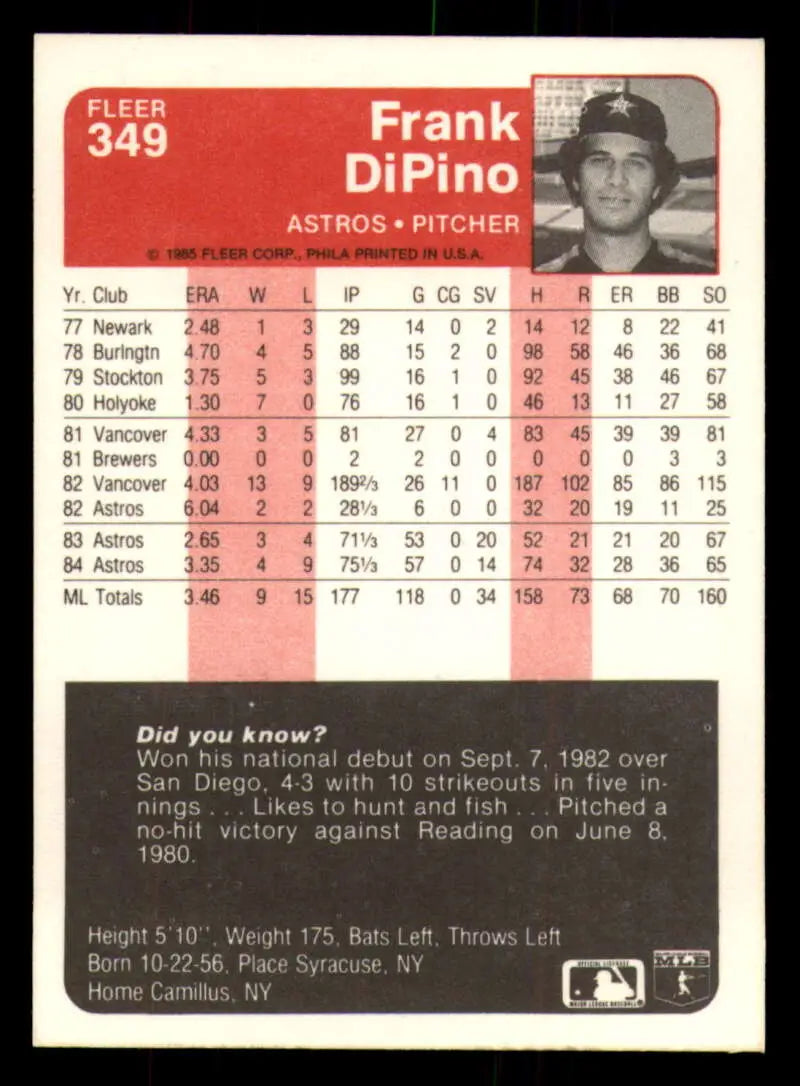 1985 Fleer #349 Frank DiPino EX Excellent Houston Astros Baseball Card - Baseball Card Single