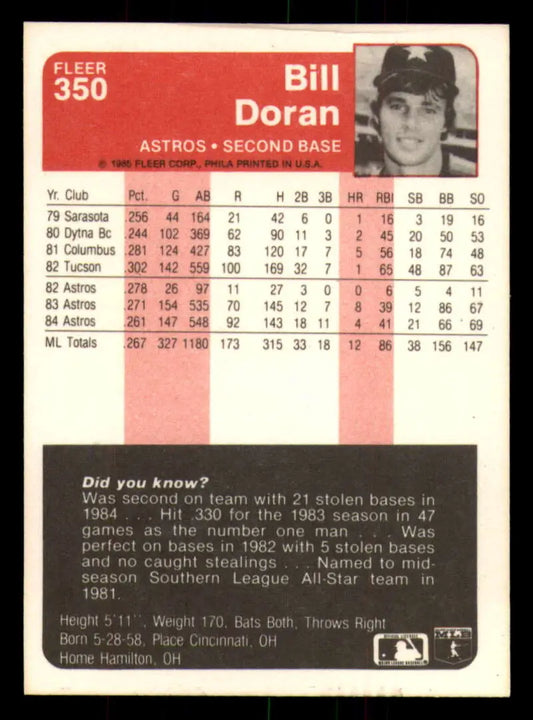1985 Fleer #350 Bill Doran EX Excellent Houston Astros Baseball Card - Baseball Card Single