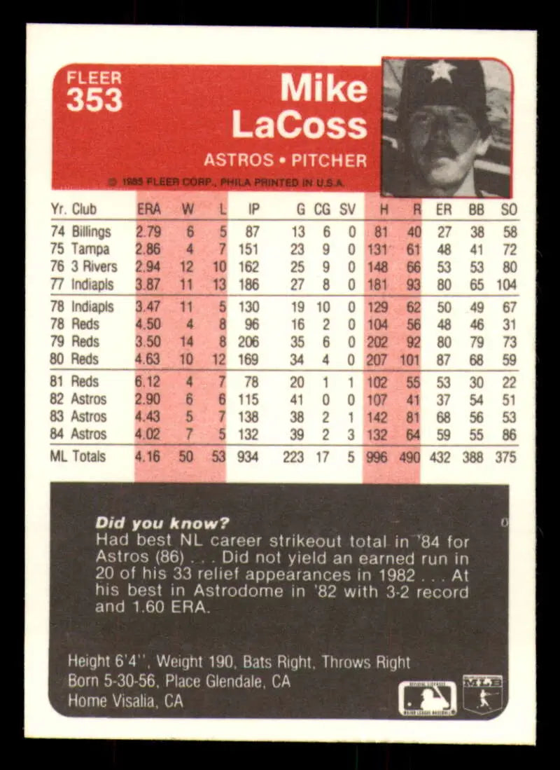 1985 Fleer #353 Mike LaCoss EX Excellent Houston Astros Baseball Card - Baseball Card Single