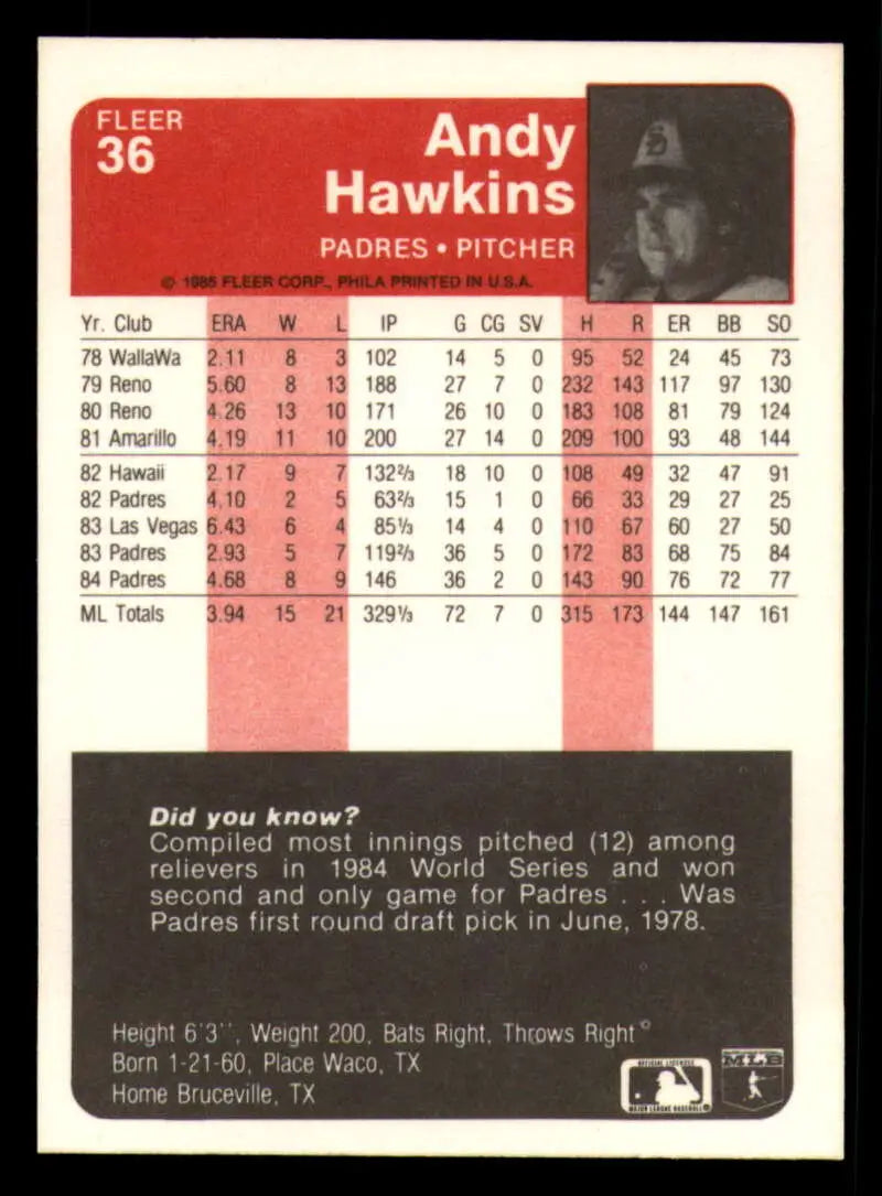 1985 Fleer #36 Andy Hawkins EX Excellent San Diego Padres Baseball Card - Baseball Card Single