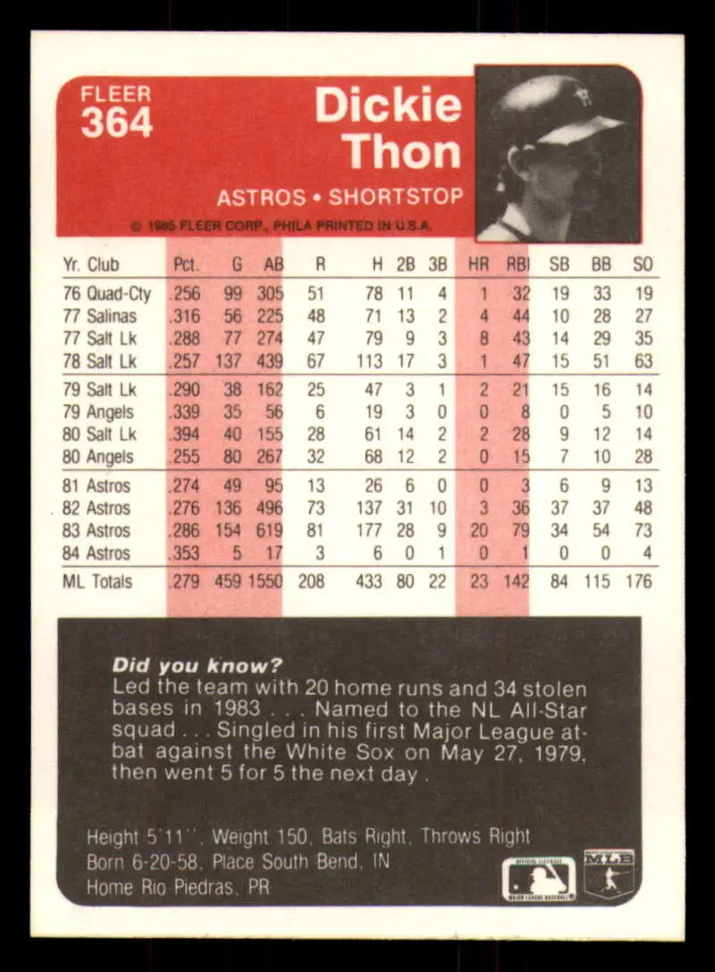 1985 Fleer #364 Dickie Thon EX Excellent Houston Astros Baseball Card - Baseball Card Single