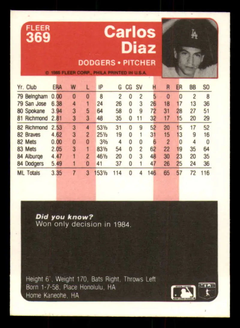 1985 Fleer #369 Carlos Diaz EX Excellent Los Angeles Dodgers Baseball Card - Baseball Card Single
