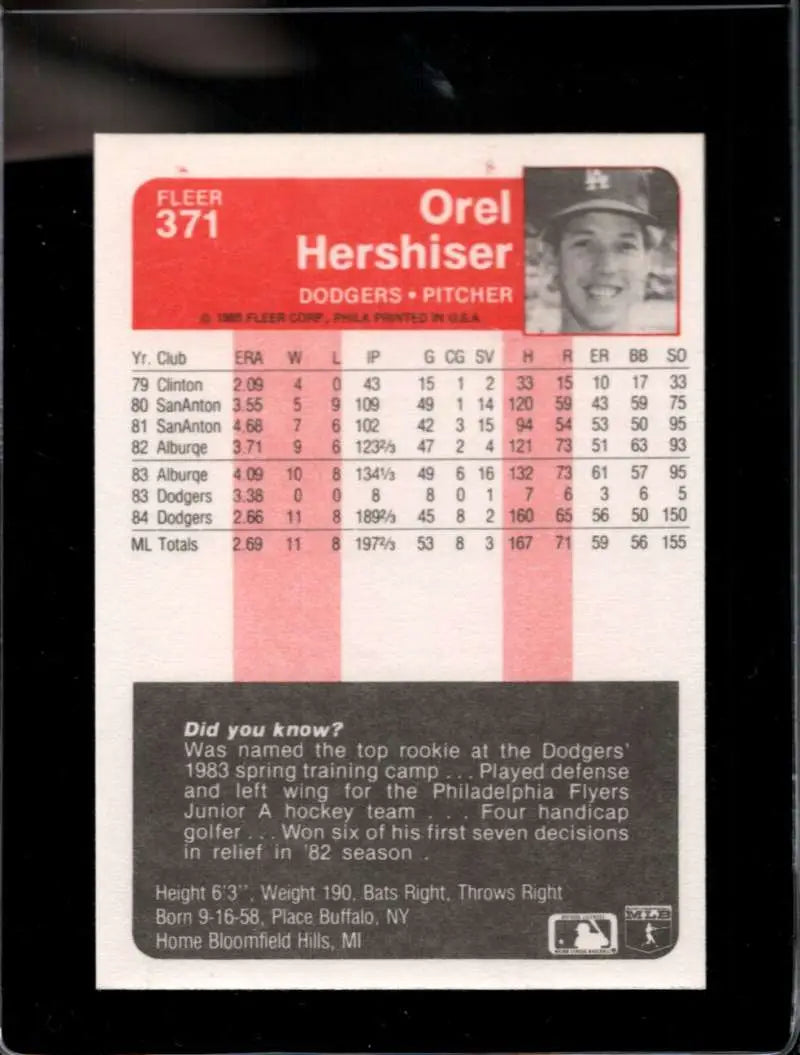 1985 Fleer #371 Orel Hershiser EX Excellent RC Rookie Los Angeles Dodgers Baseball Card