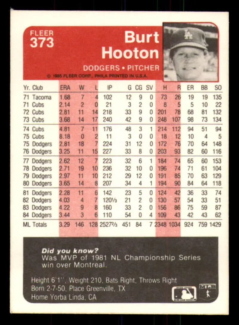 1985 Fleer #373 Burt Hooton EX Excellent Los Angeles Dodgers Baseball Card - Baseball Card Single