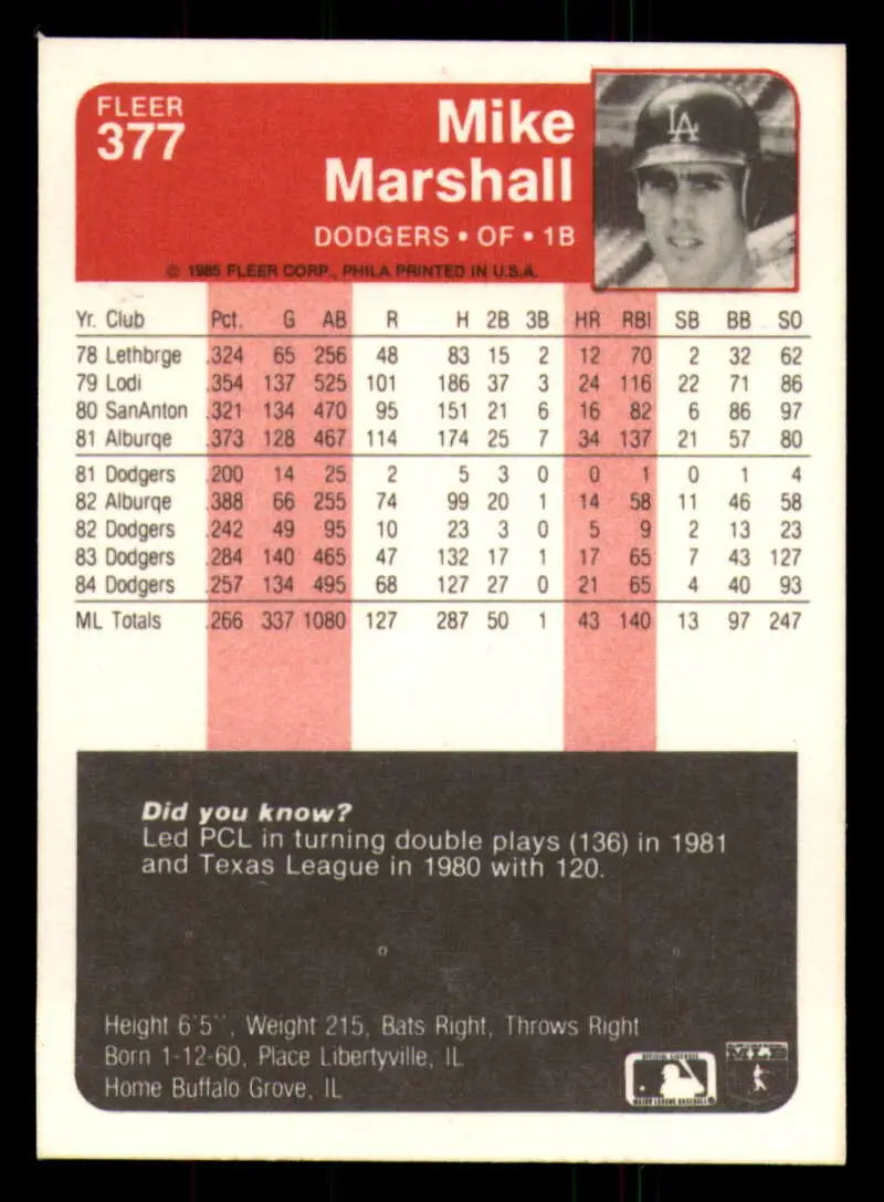 1985 Fleer #377 Mike Marshall EX Excellent Los Angeles Dodgers Baseball Card - Baseball Card Single