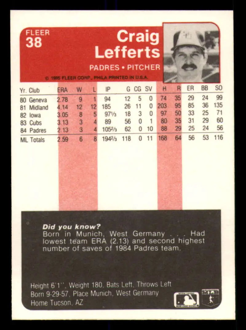 1985 Fleer #38 Craig Lefferts EX Excellent San Diego Padres Baseball Card - Baseball Card Single
