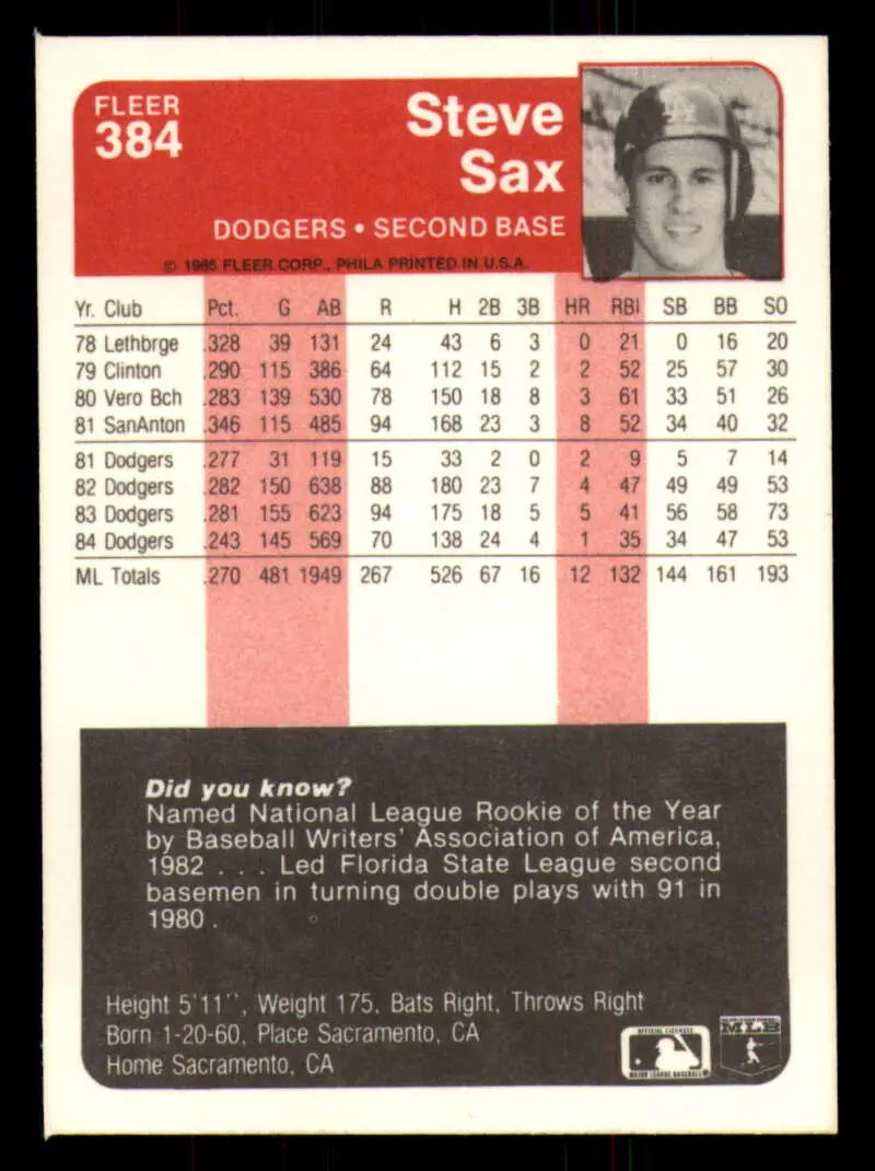 1985 Fleer #384 Steve Sax EX Excellent Los Angeles Dodgers Baseball Card - Baseball Card Single