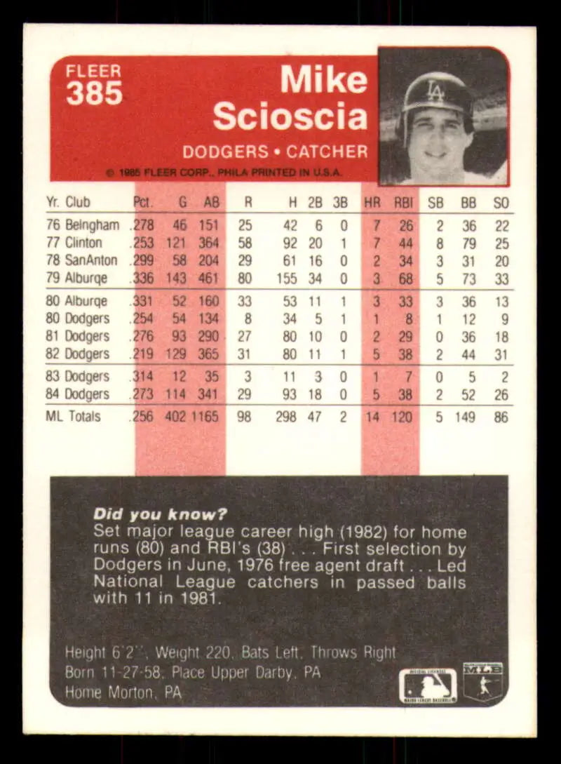 1985 Fleer #385 Mike Scioscia EX Excellent Los Angeles Dodgers Baseball Card - Baseball Card Single