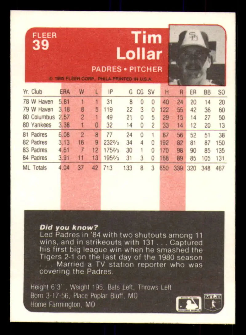 1985 Fleer #39 Tim Lollar EX Excellent San Diego Padres Baseball Card - Baseball Card Single