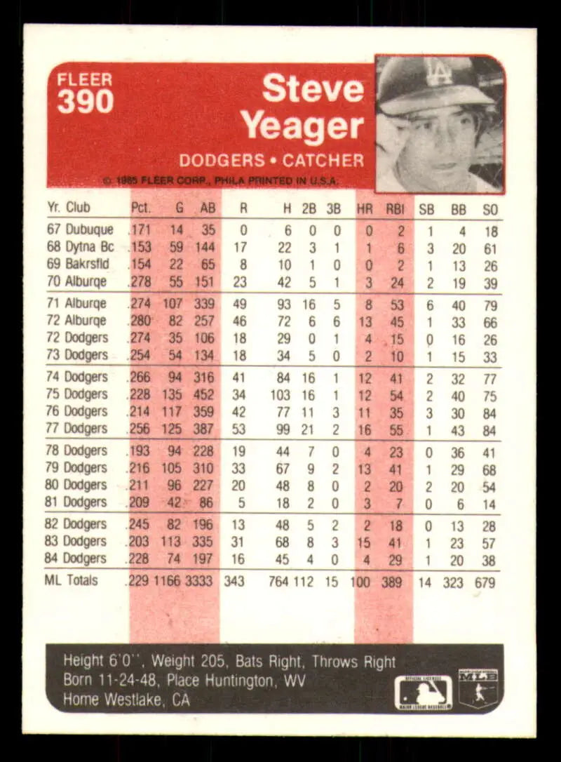 1985 Fleer #390 Steve Yeager EX Excellent Los Angeles Dodgers Baseball Card - Baseball Card Single