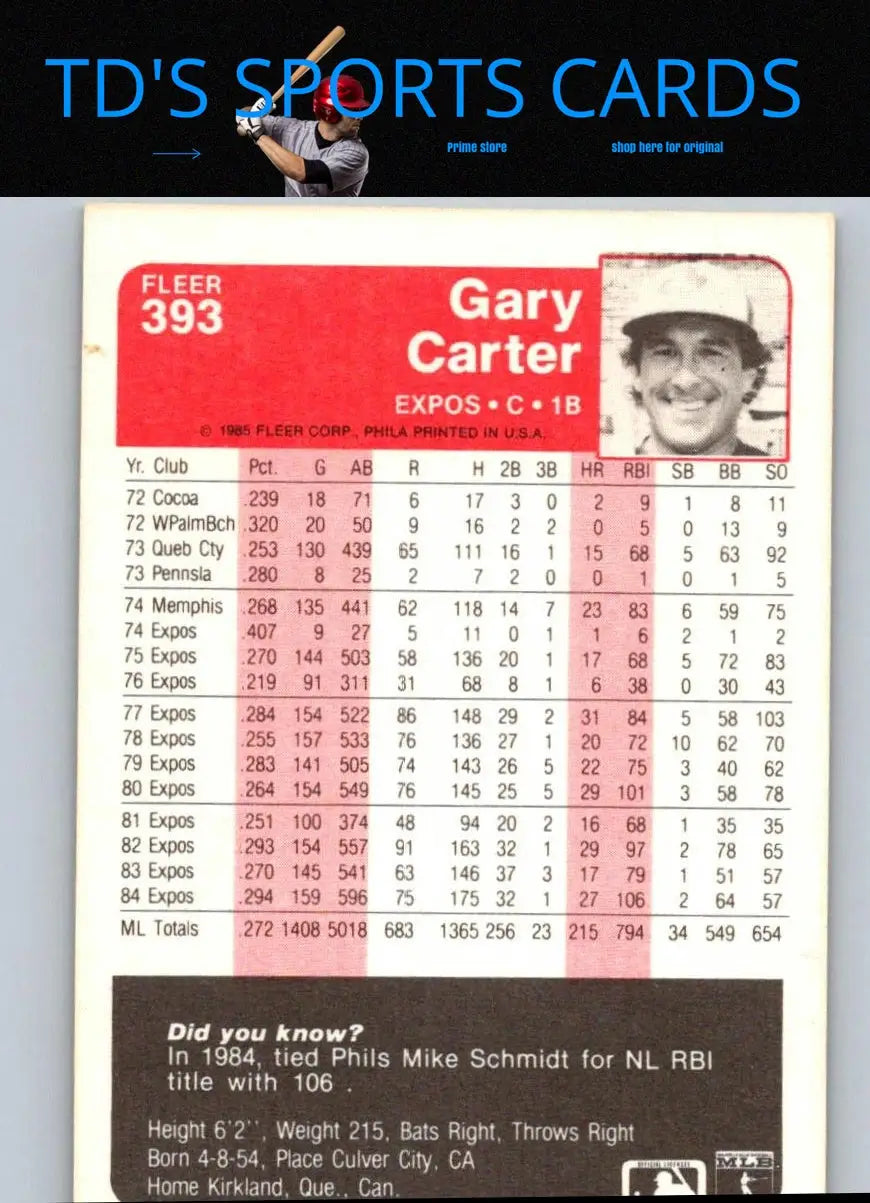 1985 Fleer Gary Carter baseball card featuring collectible Gary Carter memorabilia
