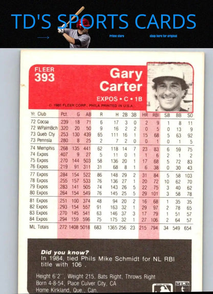1985 Fleer Gary Carter baseball card featuring collectible Gary Carter memorabilia