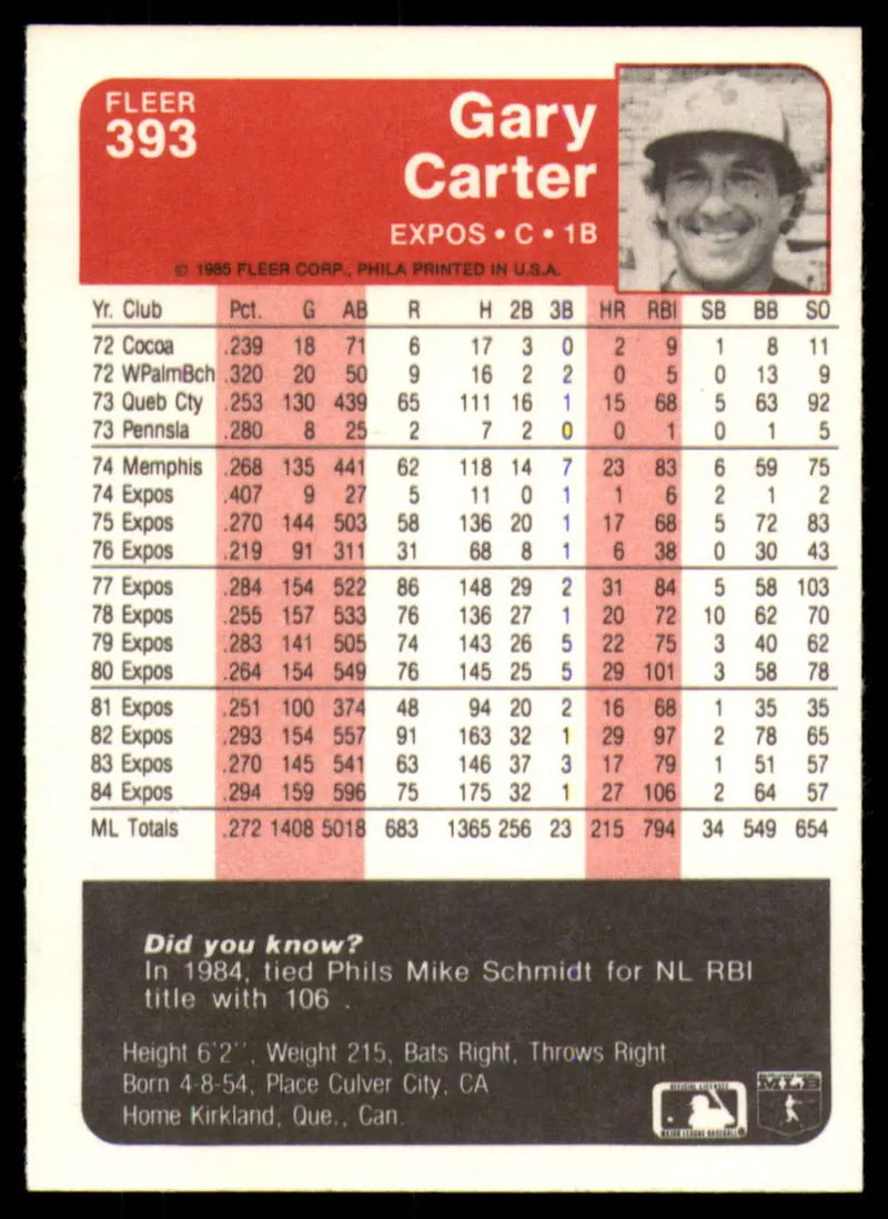 1985 Fleer #393 Gary Carter EX Excellent Montreal Expos Baseball Card - Baseball Card Single