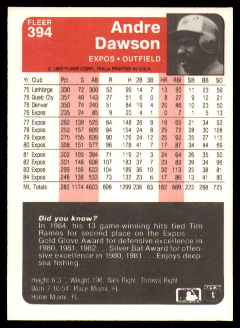 1985 Fleer #394 Andre Dawson EX Excellent Montreal Expos Baseball Card - Baseball Card Single