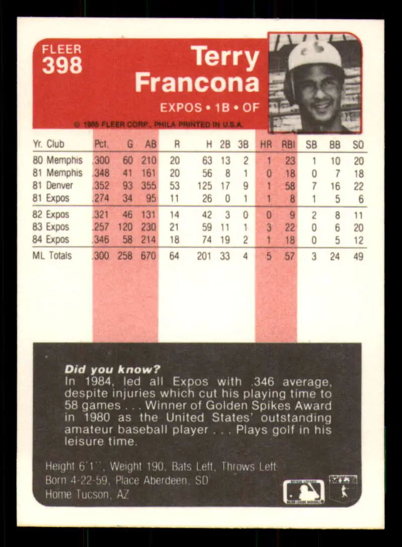 1985 Fleer #398 Terry Francona EX Excellent Montreal Expos Baseball Card - Baseball Card Single