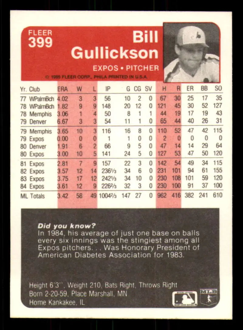 1985 Fleer #399 Bill Gullickson EX Excellent Montreal Expos Baseball Card - Baseball Card Single