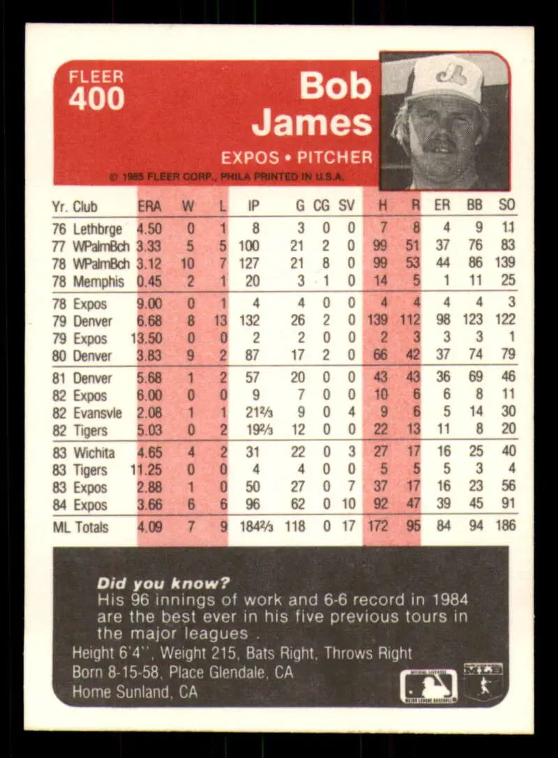 1985 Fleer #400 Bob James EX Excellent Montreal Expos Baseball Card - Baseball Card Single