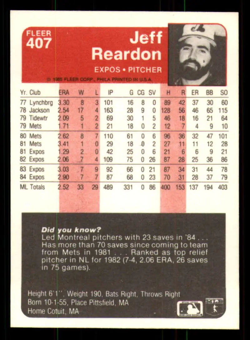 1985 Fleer #407 Jeff Reardon EX Excellent Montreal Expos Baseball Card - Baseball Card Single