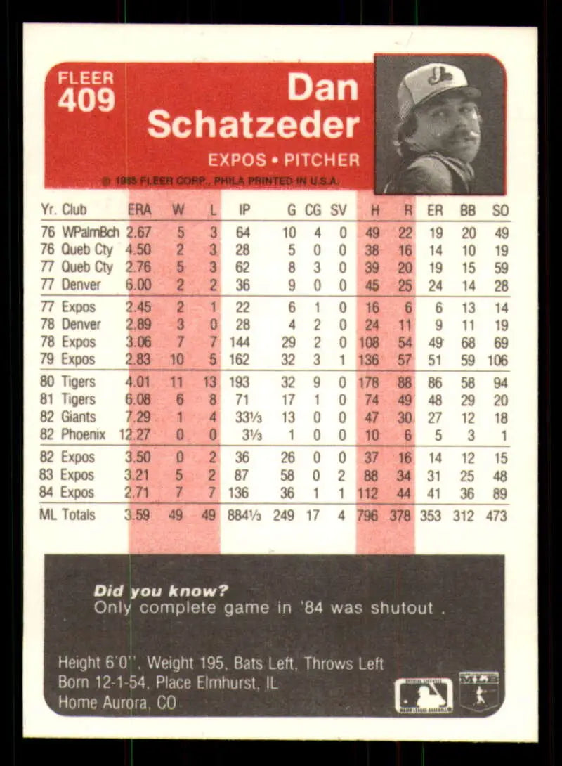 1985 Fleer #409 Dan Schatzeder EX Excellent Montreal Expos Baseball Card - Baseball Card Single